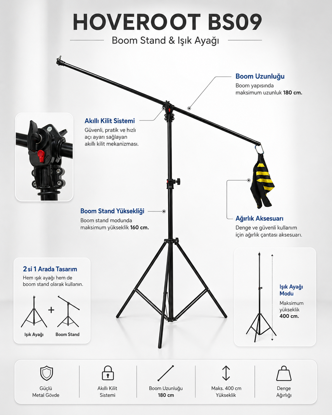 Hoveroot BS09 Boom Stand – Profesyonel Işık Ayağı ve Boom Stand