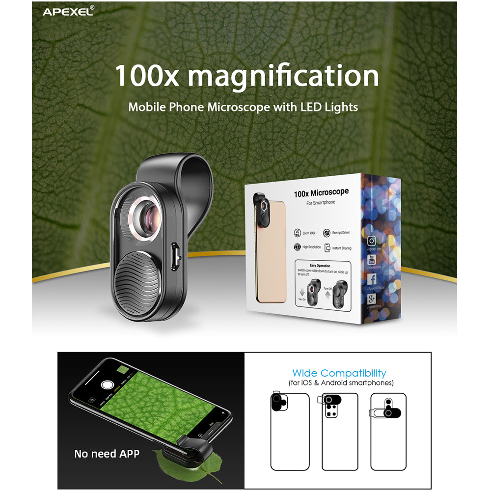 Apexel 100X Led Işıklı Telefon Mikroskop Lensi