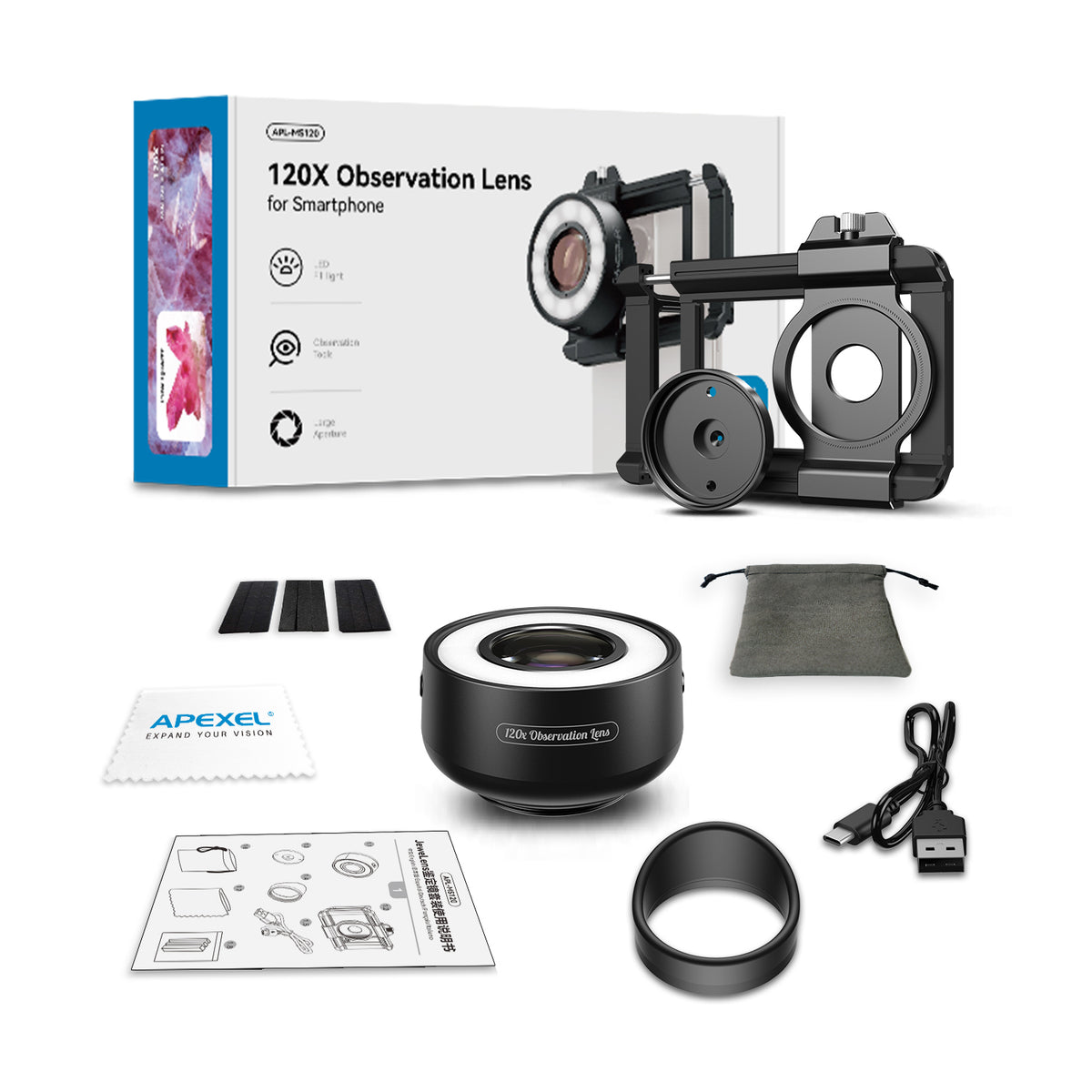 Apexel 120X Işıklı Makro Lens