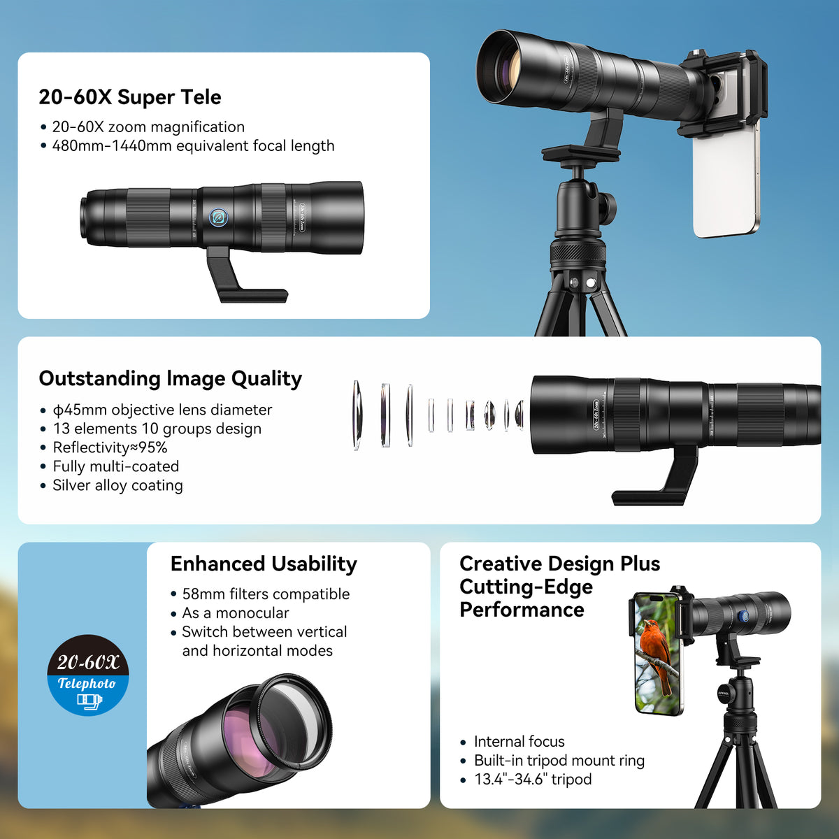 APEXEL TeleCular 20-60X Zoom Lens
