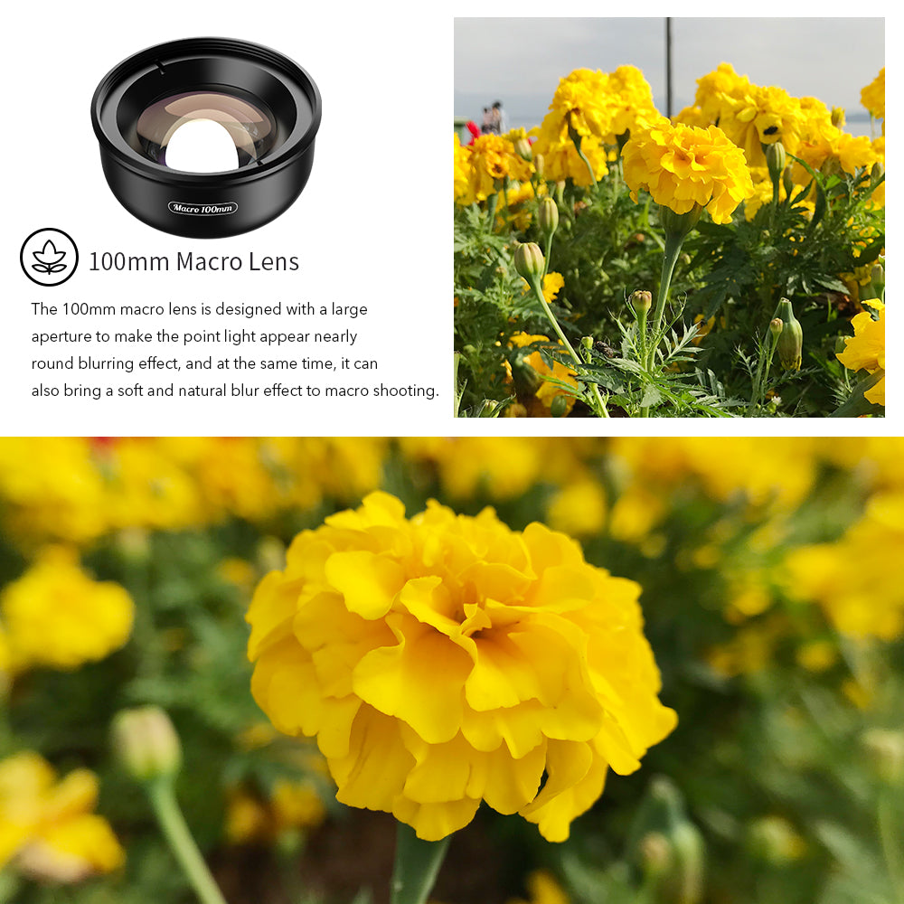 APEXEL Yeni 3'ü 1 Arada Cep Telefonu Lens Klipsi ve Dolgu Işığı ile 100mm Makro Lens Kiti