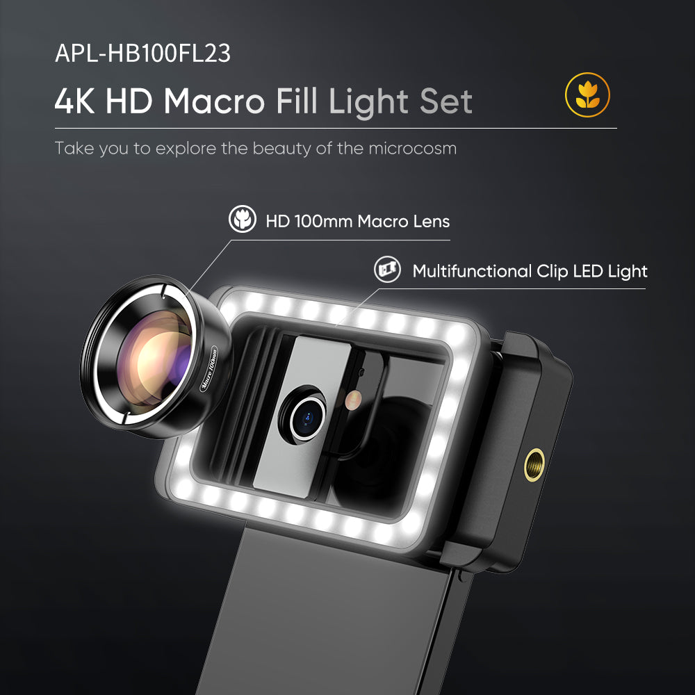 Apexel 3'ü 1 Arada Lens Klipsi ve Dolgu Işığı ile 100mm Makro Lens Kiti