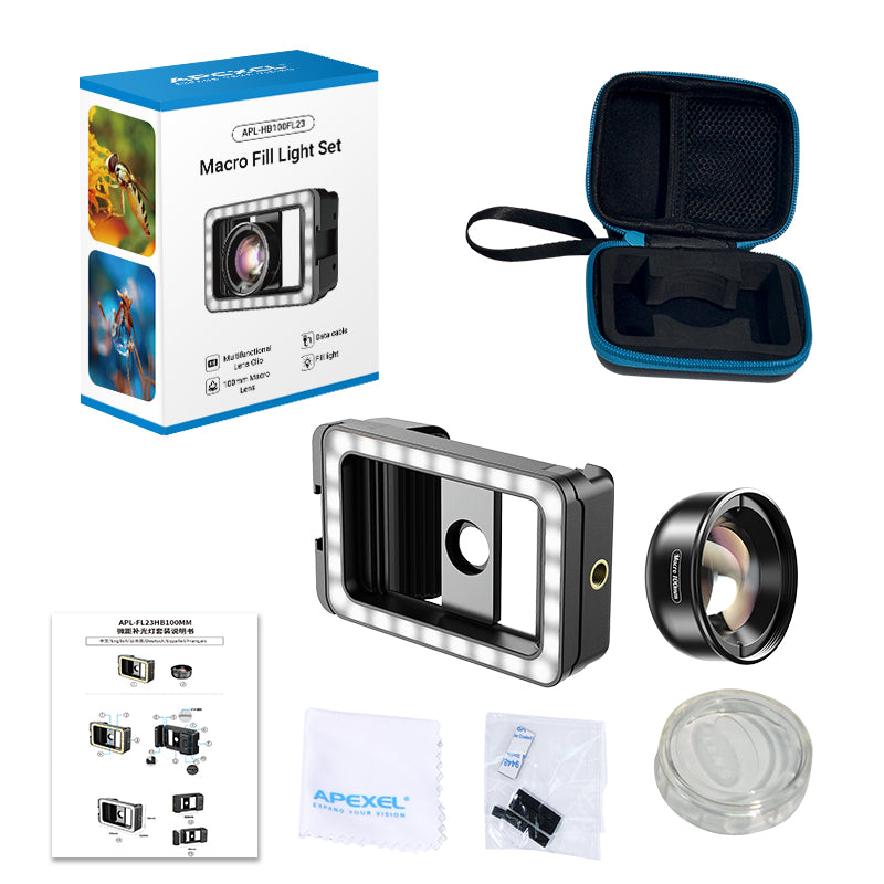 Apexel 3'ü 1 Arada Lens Klipsi ve Dolgu Işığı ile 100mm Makro Lens Kiti