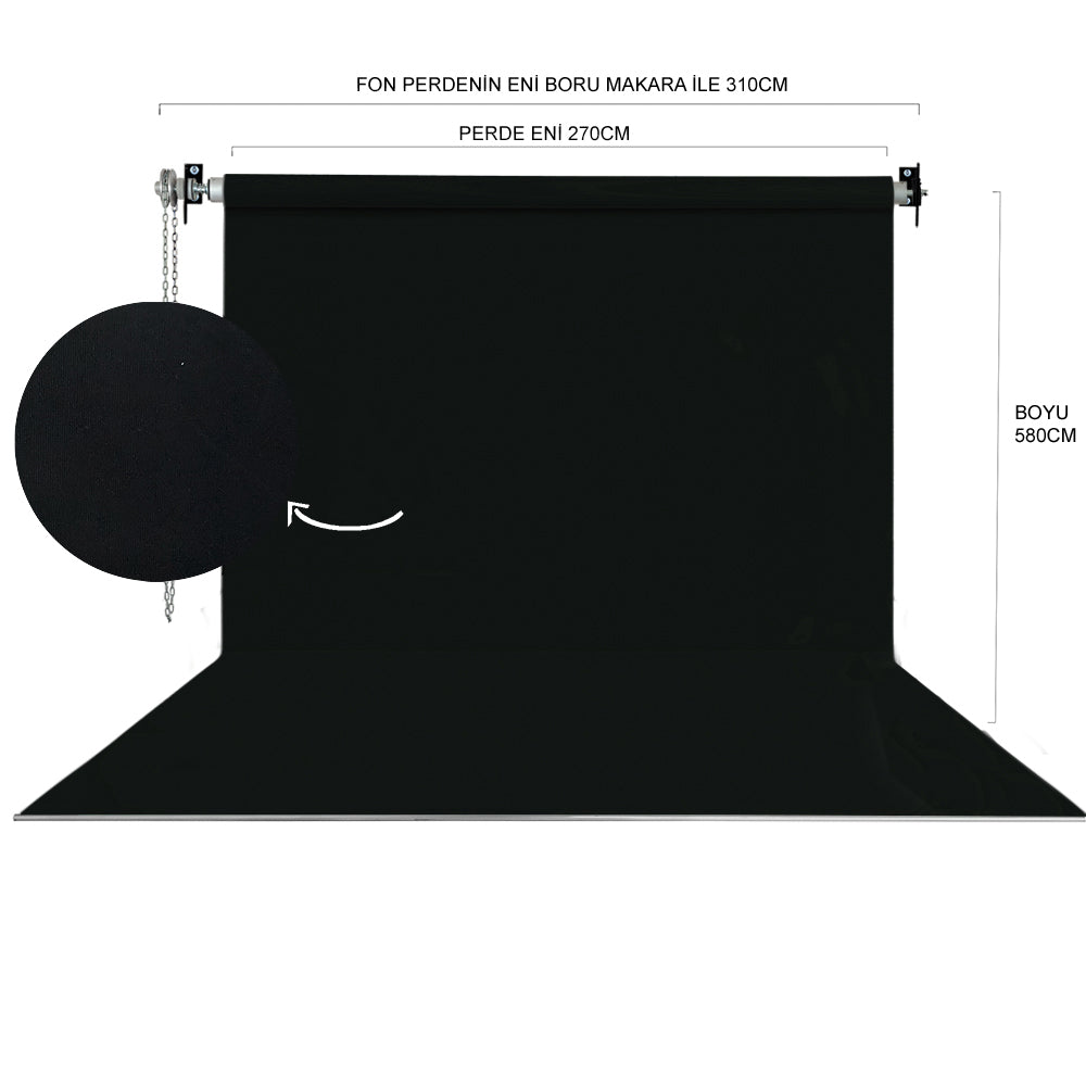Stüdyo Teknik 270X580Cm Siyah Fon Perde Seti ve Askısı